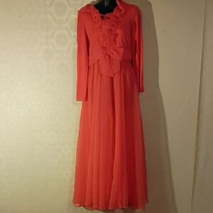 Miss Elliette Vibrant Coral Flowy Maxi Dress with Bow. See Measurements.
